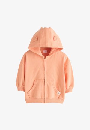 Pomaranczowo-brzoskwiniowa bluza dla malucha na zamek błyskawiczny z przednimi kieszeniami, ściągaczami na rękawach i kapturem ozdobionym małymi materiałowymi uszami.