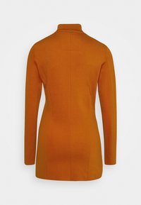 Cappotto arancione a maniche lunghe con colletto alto, vestibilità sartoriale, texture liscia e dettaglio di cucitura sul retro, dotato di un piccolo logo sul collo.