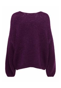 Lila gestrickter Pullover mit lockerem Schnitt, weiten Ärmeln und strukturiertem Stoff mit leicht offenem Maschenmuster am Ausschnitt.