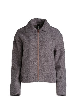 Grijze fleece-jack met een kraag, lange mouwen en een voorrits. Gestructureerde afwerking en cropped design. Roze gouden ritsaccent.
