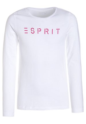 Hvid langærmet t-shirt med rød tekst ""ESPRIT"" trykt over brystet og rund halsudskæring.