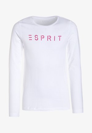 T-shirt blanc à manches longues avec texte rouge ""ESPRIT"" imprimé sur la poitrine et col rond.