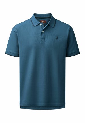 Camisa polo en azul verdoso con un tejido texturizado. Cuenta con un cuello, una tapeta de dos botones y un pequeño logo en el pecho. El dobladillo es recto.