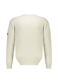 Lichtcrème trui met een geribbelde textuur, lange mouwen en een ronde hals. Bevat een klein donker label op de linker mouw.