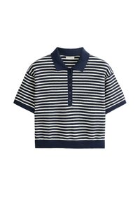Polo manches courtes à rayures horizontales bleu marine et blanc avec patte de boutonnage et col et poignets unis bleu marine.