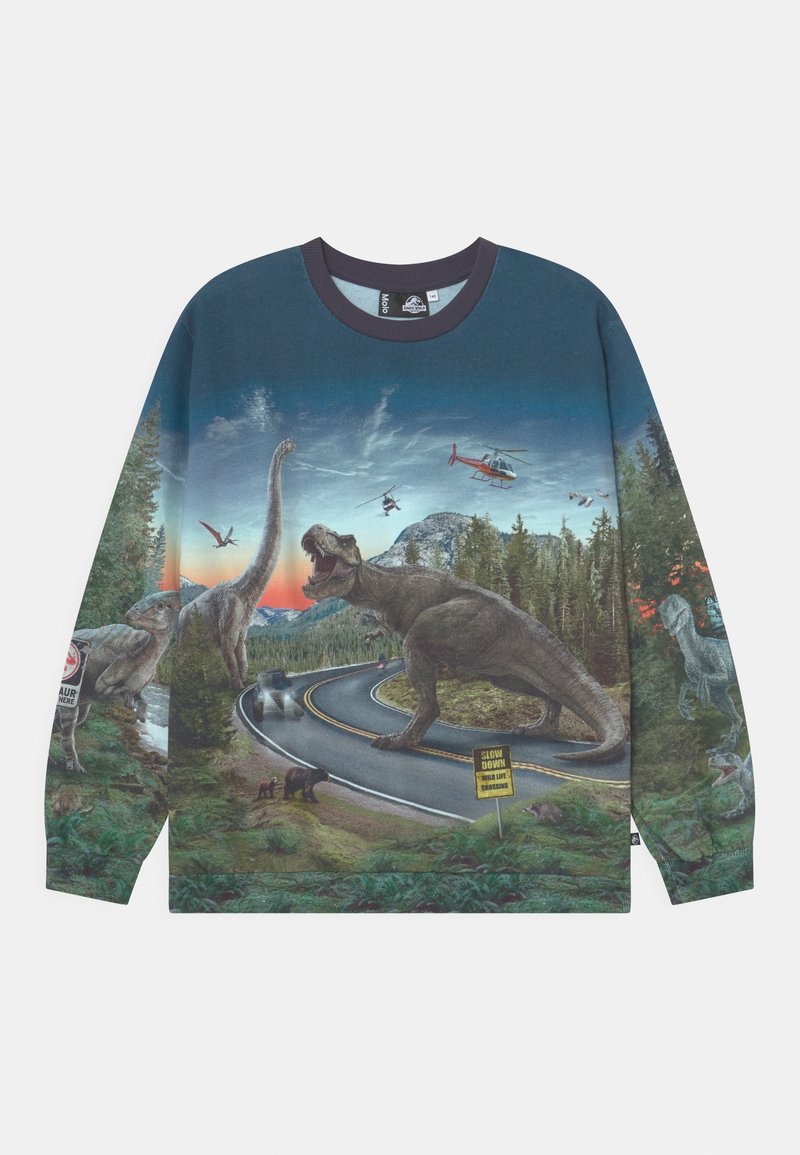 Sweat-shirt à manches longues avec un motif graphique représentant une scène de dinosaure, imprimé multicolore sur fond bleu, col rond et coupe décontractée.