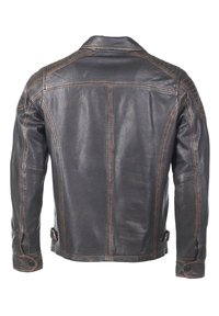 Lederjacke in Dunkelbraun mit strukturierter Oberfläche. Mit Kontraststeppnähten, klassischem Kragen und Druckknopfmanschetten. Rückansicht.