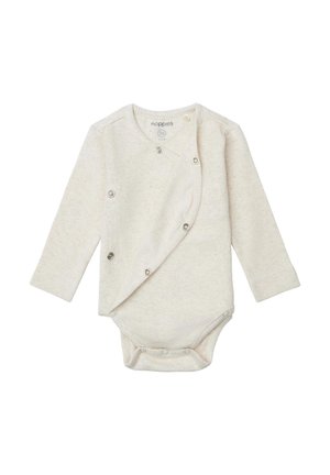 Cremfarbener, gerippter Langarm-Bodysuit für Babys mit Druckknöpfen an der Vorder- und Unterseite, Größe 56 für 1-2 Monate.