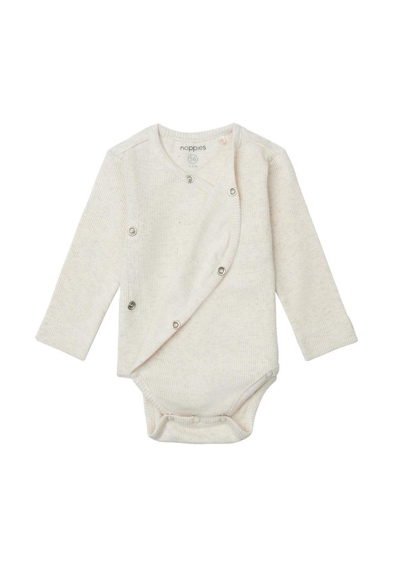Crèmekleurig geribbeld langwerpig baby rompertje met drukknoopjes aan de voorkant en onderkant, maat 56 voor 1-2 maanden.