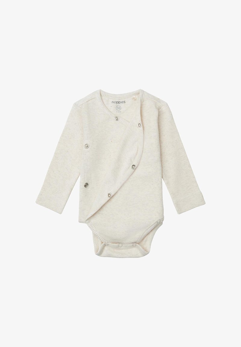 Kremowy, prążkowany bodziak dla niemowląt z długim rękawem, z zapięciem na napy z przodu i na dole, rozmiar 56 dla dzieci w wieku 1-2 miesięcy.