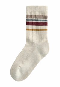 Ribbed ankle sock in light cream, featuring horizontal stripes in maroon, gray, brown, and mustard. Soft texture, rounded toe, and heel.