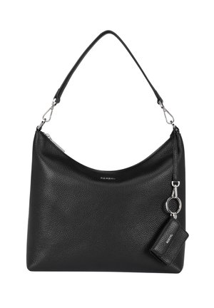 Schwarze Ledertasche mit strukturiertem Finish, geschwungener Form und einer abnehmbaren kleinen Tasche. Verfügt über silberne Beschläge und einen einzelnen Schulterriemen.