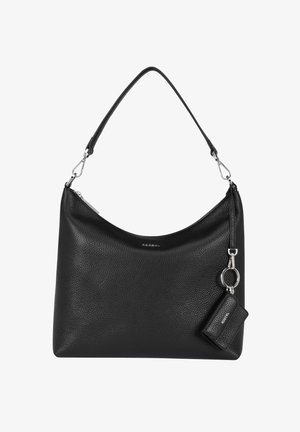 Black leather handbag with a textured finish, curved shape, and a detachable small pouch. Features silver hardware and a single shoulder strap.