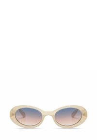 Zonnebril met een ovale vorm, een transparante montuur en gradient lenzen die van lichtblauw naar donkerblauw overgaan. Gladde textuur zonder zichtbare hardware.