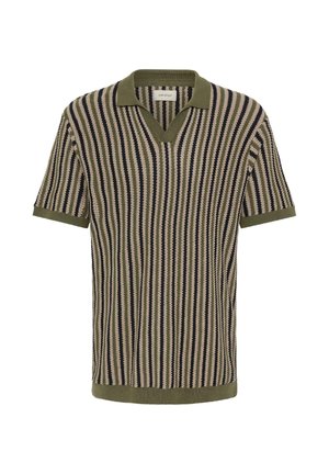 Tricou polo cu guler și mâneci scurte din țesătură tricotată, având dungi verticale în nuanțe de măsliniu, bleumarin și bej. Design cu decolteu în V și accente texturate.