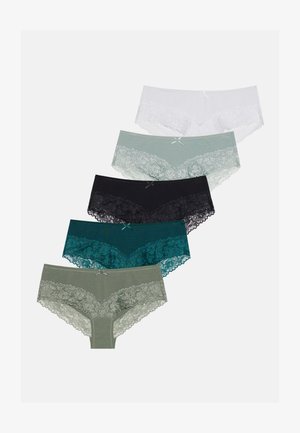 Viis paari naiste aluspükse erinevates värvides: valge, heline roheline, must, teal ja oliiv, pitsäärise ja lipsudega taljes.