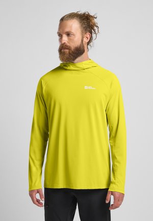 Langärmliges Kapuzenshirt aus leuchtend gelbem Stoff mit glatter Oberfläche und Logo auf der Brust. Langärmelig und lockere Passform.