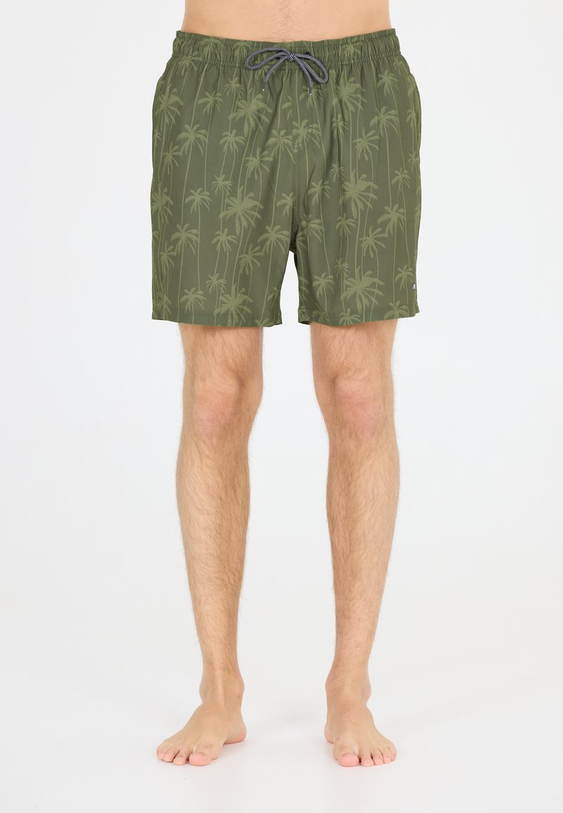 Gröna badshorts med palmträdsmönster, elastisk midja och justerbar dragsko. Tillverkade av lätt och snabbtorkande tyg.