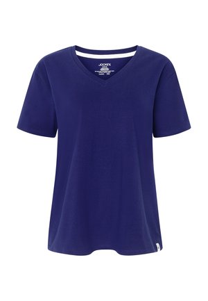 Navy blue short-sleeve V-neck T-shirt with Jockey brand label printed inside the collar and a small tag at the hem.