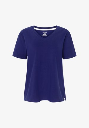 T-shirt bleu marine à manches courtes et col en V avec l'étiquette de la marque Jockey imprimée à l'intérieur du col et une petite étiquette à l'ourlet.