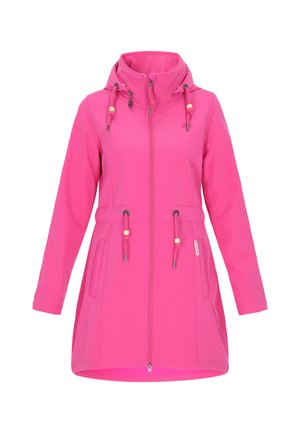 Giacca fucsia con cappuccio, chiusura con zip, dettagli con cordino e due tasche laterali. Realizzata in materiale liscio e resistente alle intemperie.