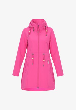 Fuksia värvi kapuutsiga jakk, millel on tõmblukuga esiosa, nöördetailid ja kaks külgtaskut. Valmistatud siledast, ilmastikukindlast materjalist.