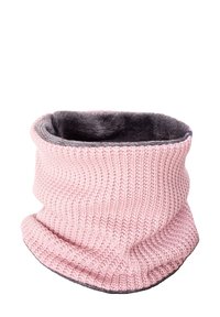 Knit cowl in soft pink with a cozy gray fleece lining. Features a ribbed texture, wide shape, and an elastic opening for easy wear.