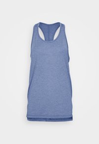 Canottiera sportiva blu realizzata in tessuto morbido e leggero. Presenta un design a schiena scoperta e un orlo arrotondato. Nessun motivo o accentuazione visibile.
