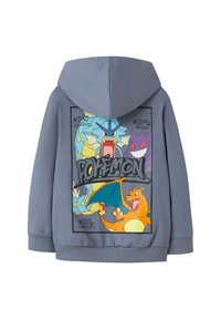 Felpa grigia con cappuccio caratterizzata da una grafica colorata di personaggi Pokémon sul retro, completa di etichette testuali e una texture morbida e liscia.