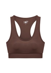 Brun sportsbh med ribbet tekstur, racerback-design og brede stropper. Har et minimalistisk logo ved halsen.