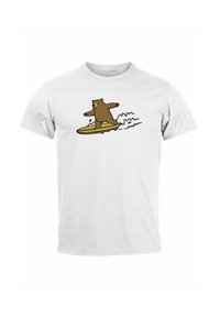 White T-shirt featuring a brown bear surfing on a yellow surfboard with stylized waves. Simple cartoon design and a smooth texture.