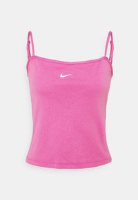 Rosa bomullstopp med tunna justerbara axelband och en vit Nike-logga på framsidan. Slät textur och en figursydd design.