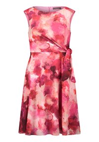 Blumenkleid mit einem Design in Rosa, Rot und Creme, ärmellos mit einer Wickeloptik und seitlichem Bindegürtel, schwingendem Rock und einem Reißverschluss auf der Rückseite.