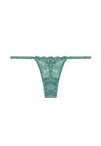 String en dentelle en teal, avec des motifs floraux et des côtés fins. Le matériau est doux avec une texture délicate.