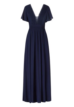 Navyblaues Maxikleid mit schwingenden Ärmeln, tiefem V-Ausschnitt, gefälteltem Oberteil und einem schwingenden Rock. Mit zarter Spitzenverzierung entlang des Ausschnitts.