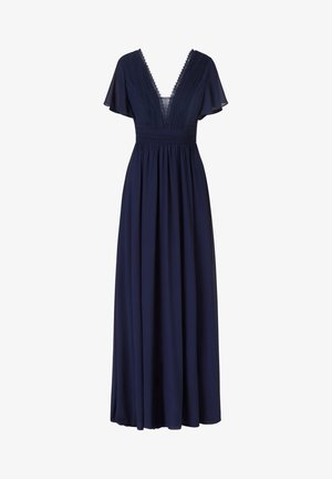 Abito maxi blu navy con maniche a farfalla, scollatura a V profonda, corpetto plissettato e gonna fluida. Presenta un delicato bordo in pizzo lungo il collo.