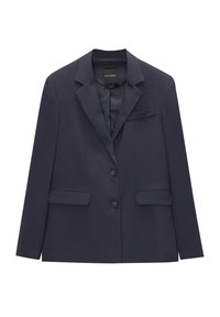 Blazer marine avec revers crantés, fermeture à un bouton, deux poches avant et tissu lisse et élégant. Design classique adapté à diverses occasions.