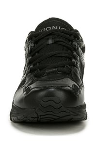 Black athletic shoes made of leather and mesh, featuring a textured design, rounded toe, and contrasting accents. Lace-up closure.