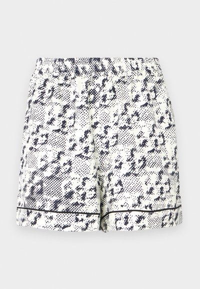 Shorts albe cu un model abstract negru, talie elastică și margine solidă neagră la tiv. Fabricate dintr-un material ușor.