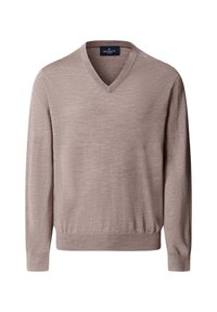 Béžový sveter s výstrihom do V vyrobený z jemného pleteného materiálu. Dlhé rukávy s rebrovanými manžetami a lemom. Na krku je etiketa s nápisom "Hackett".