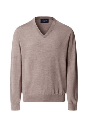 Béžový sveter s výstrihom do V vyrobený z jemného pleteného materiálu. Dlhé rukávy s rebrovanými manžetami a lemom. Na krku je etiketa s nápisom "Hackett".