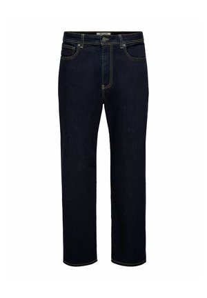 Jean droit bleu foncé avec poches avant, fermeture à boutons et coutures contrastantes.
