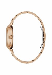 Zegarek w kolorze różowego złota z metalową bransoletą, kanciastą kopertą oraz srebrnymi akcentami na koronie i zapięciu. Eleganckie, wypolerowane wykończenie.