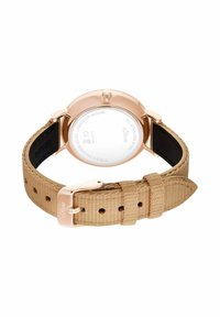 Horloge met roestvrijstalen kast in roségoud, een beige geweven stoffen band en een stalen achterkant die waterbestendigheid en merkdetails toont.