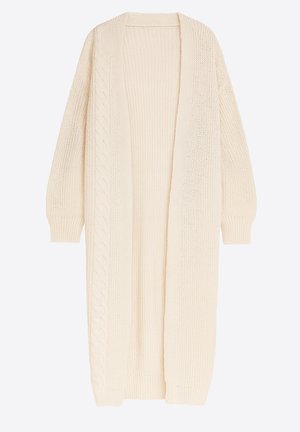 Cardigan lungo color crema con apertura frontale, dettagli a trecce lungo l'orlo delle maniche e corpo lavorato a maglia strutturata, realizzato in materiale morbido e spesso.