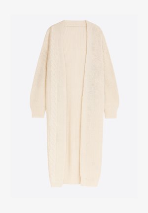 Cardigan lungo color crema con apertura frontale, dettagli a trecce lungo l'orlo delle maniche e corpo lavorato a maglia strutturata, realizzato in materiale morbido e spesso.