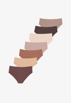 Seven pairs of seamless panties in various shades of beige and brown, made of soft fabric, featuring elastic waistband and mid-rise design.