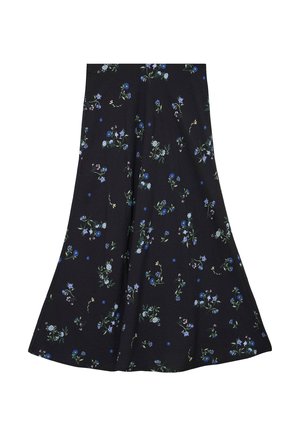 Sort skørt med vidde, med små blå og hvide blomsterprint jævnt fordelt over stoffet.