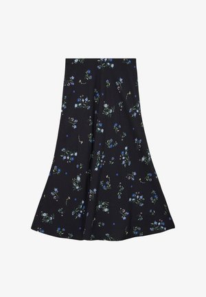 Sort skørt med vidde, med små blå og hvide blomsterprint jævnt fordelt over stoffet.