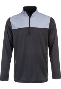Sort og grå pullover med lange ærmer, halvlynlås krave og et farveblokdesign med en grå øverste del og en sort nederste del.